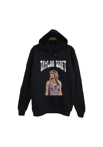 Taylor Swift Baskılı Unisex %100 Pamuk Siyah Kapüşonlu Sweatshirt Siyah