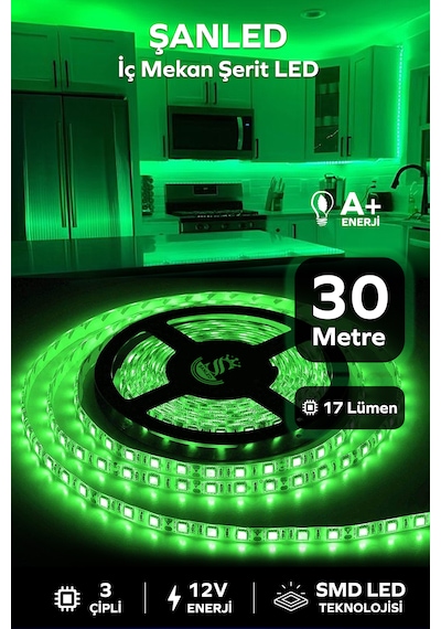 3 Çipli Şerit Led Yeşil Renk 12v 30 Metre