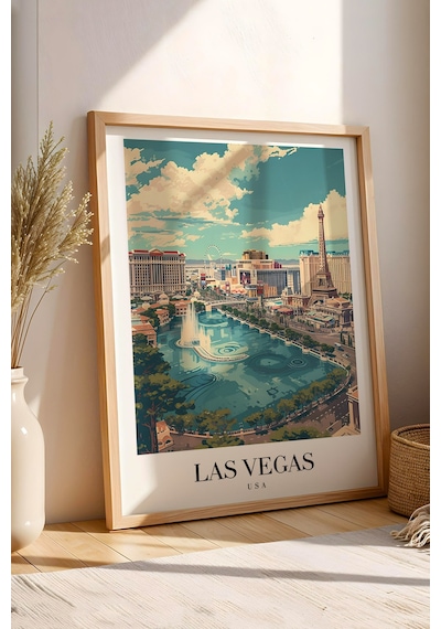 Las Vegas Usa Vintage Seyahat Posteri Çerçeveli Tablo - Premium The Strip Elit Duvar Dekoru Kayın