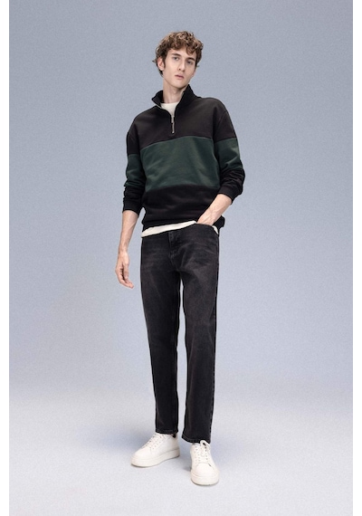 DeFacto Comfort Regular Fit Rahat Kalıp Dik Yaka Fermuarlı Çizgili Kalın Sweatshirt D2401AX24AUBK34
