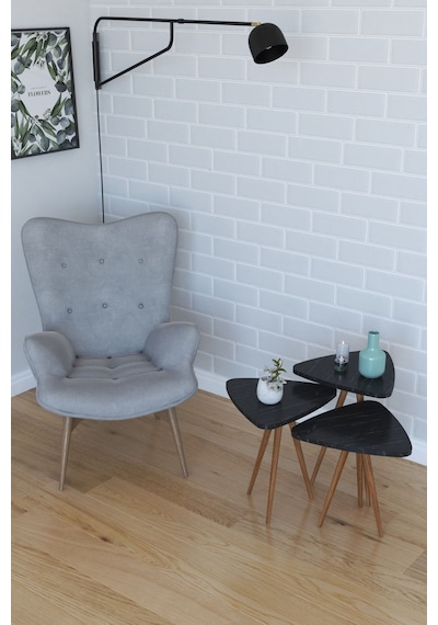 Retro 3'lü Üçgen Zigon Sehpa Ve Servis Sehpası - Siyah Mermer