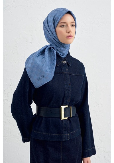 Armine Jakarlı İpek Pamuk Dama Eşarp - 4464 Mavi