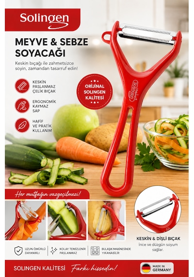 Solingen Meyve Sebze Soyacağı Paslanmaz Çelik Profesyonel Soyacak Kırmızı