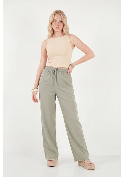 Lela Pamuklu Belden Bağlamalı Yüksek Bel Geniş Paça Cepli Regular Fit Pantolon Bayan Pantolon 668yp4760 Haki