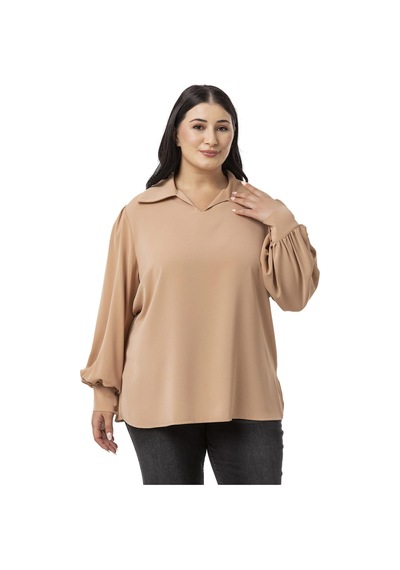 Disentis Büyük Beden Gömlek Yaka Manşetli Yanı Yırtmaçlı Camel Bluz-camel Camel