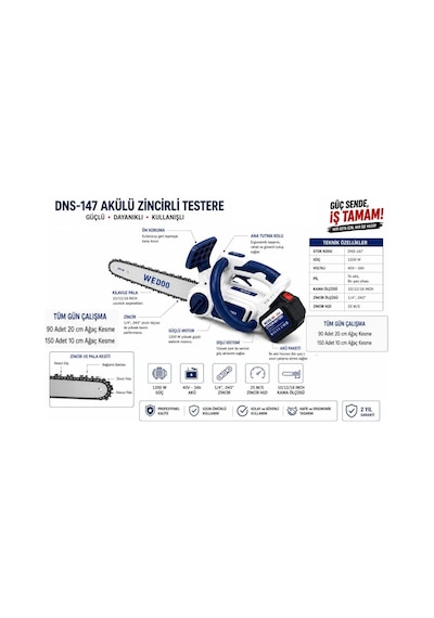 Algaride Wedo Dns-147 Akülü Zincirli Testere 40v 3ah Çift Akülü Güçlü Ağaç Ve Kemik Kesme Motoru 25 M/s