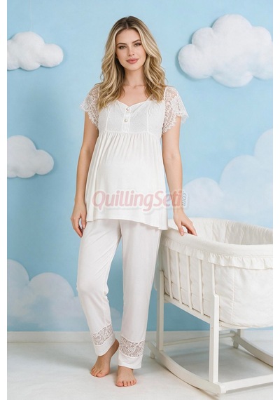 Quilling Ekru Renkli Dantel Detaylı, 33200 Kısa Kol, 2 Parça Lohusa Hamile Pijama Takımı