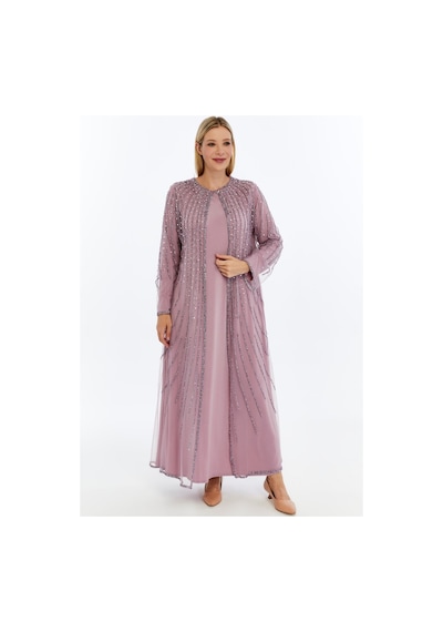 Modabanuda Betül 2'li Takım Taşlı Abaya Lila