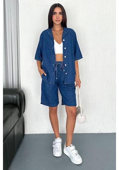 Noa & Noa Kadın Denim Gömlek & Short Takım Sportif & Modern Stil Mavi