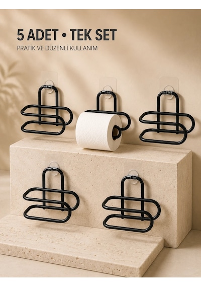 Delmeden Monte Tuvalet Kağıdı Askısı Siyah Metal Yapışkanlı Banyo Kağıtlığı 5 Li Set
