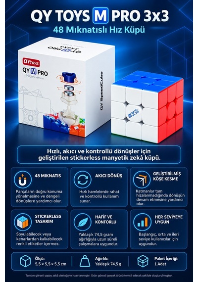 Qy Toys Manyetik 3x3 Hız Küpü Maglev M Pro Stickerless 48 Mıknatıslı Profesyonel Zeka Küpü 5,5 Cm