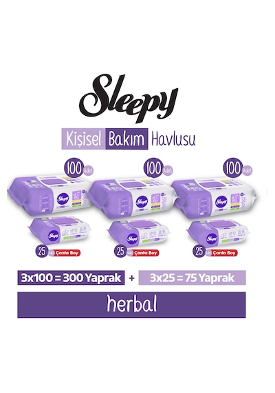 Sleepy Herbal Kişisel Bakım Havlusu 3x100 300 Yaprak + Çanta Boy 3x25 75 Yaprak