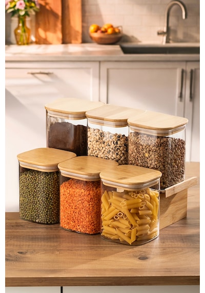 Porsima 5-3 Bambu Vakumlu Kapaklı Kare Borsilikat Cam 6lı Kavanoz Seti Saklama Kabı 750ml 7,5x15cm Ahşap - Şeffaf