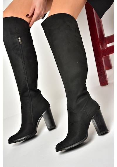 Fox Shoes A654018002 Siyah Lüx Süet Kalın Topuklu Kadın Çizme Siyah
