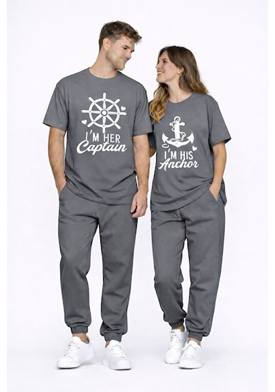 Sevgili Kombini Oversize Çift Tişört Unisex Captain Anchor Baskıl Çok Renkli