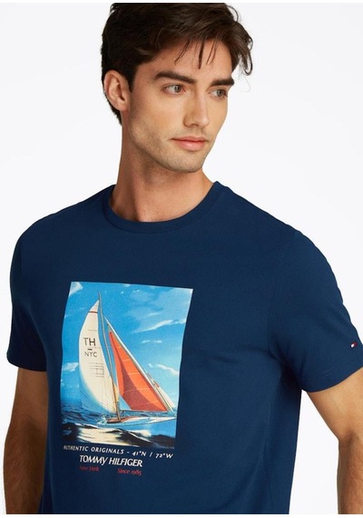 Erkek Hılfıger Color Photo Prınt Tee T-shirt Mavi