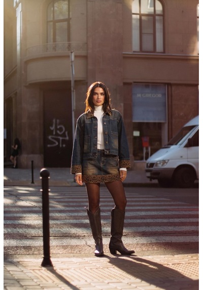 Kadın Koyu Kot 2w6-8 Straight Leopar Detaylı Tasarım Denim Etek
