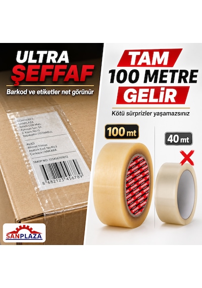 Sanplaza Şeffaf Hotmelt Koli Bandı 45 Mm X 100 Mt Güçlü Yapışkanlı Paketleme Ambalaj Bandı 2 Adet