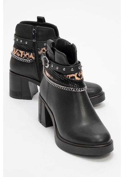 Luvishoes Luvi Shoes Boliva Siyah Kemerli Zincirli Kadın Kalın Topuklu Bot Siyah