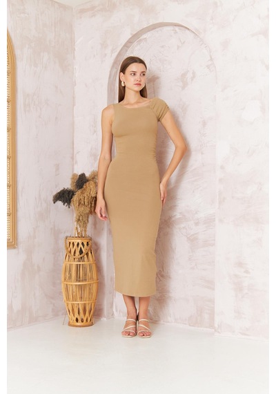 Darlin Moda Kadın Kısa Kollu Tek Omuz Kaşkorse Bej Elbise Dm1051 Bej