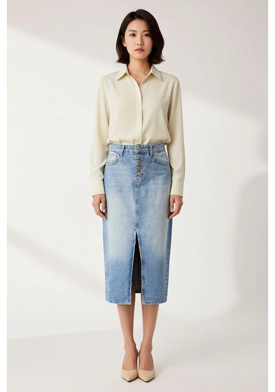 Benerly Kadın Midi Denim Etek Önden Düğmeli Yırtmaçlı A-line Kesim %100 P Mavi