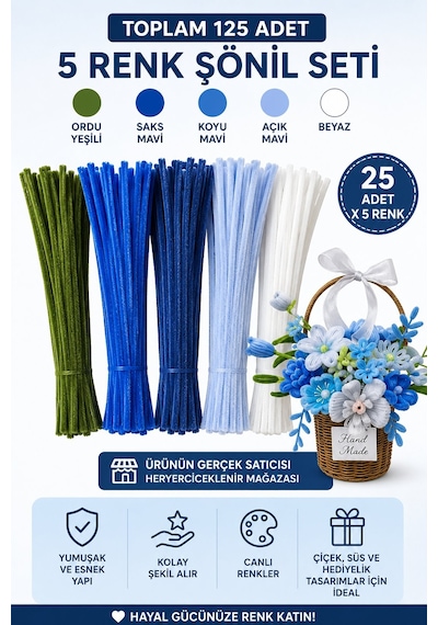 125 Adet 5'li Mavi Tonları Şönil Seti Saks Mavi,koyu Mavi,ordu Yeşili,açık Mavi, Beyaz