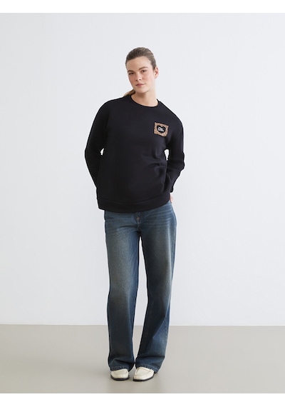 Lcw Comfort Siyah Baskılı Oversize Kadın Kalın Sweatshirt