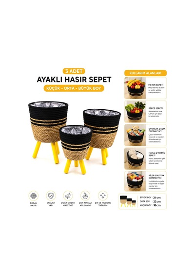 Alvetro Alv-01 Ayaklı Hasır Ve Ahşap Sepet 18-22-24cm 3 Adet Mix Desen - 6'li Paket