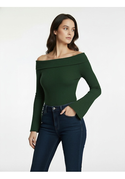 Koton Pamuklu Slim Fit Uzun İspanyol Kollu Omzu Açık Tişört Haki 6wak50039ek Haki