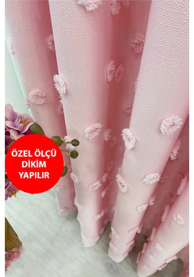 Fon Perde Şeker Pembe Pufy Püsküllü, Ponponlu, Perde Sık Pileli Keten Pano Fon Tek Kanat Şeker Pembe