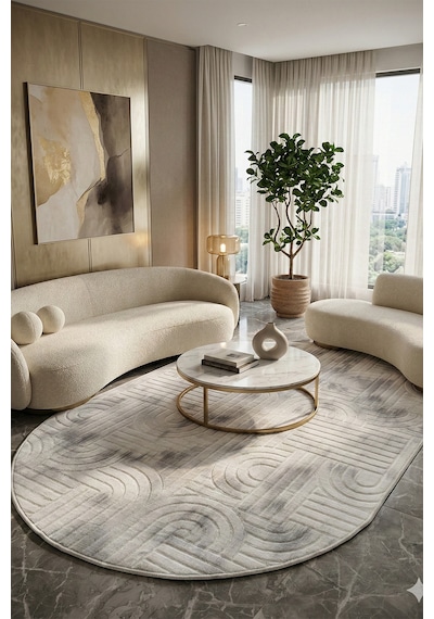 Modern Oval Halı Bambu Dokulu Kaymaz Taban Yumuşak Salon Yatak Odası Halısı Gri 5001