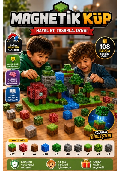 Minecraft Manyetik Küp Bloklar 108 Parça Temalı Yapı Seti 3 Boyutlu Renkli Mıknatıslı Eğitici Zeka Geliştirici Oyuncak