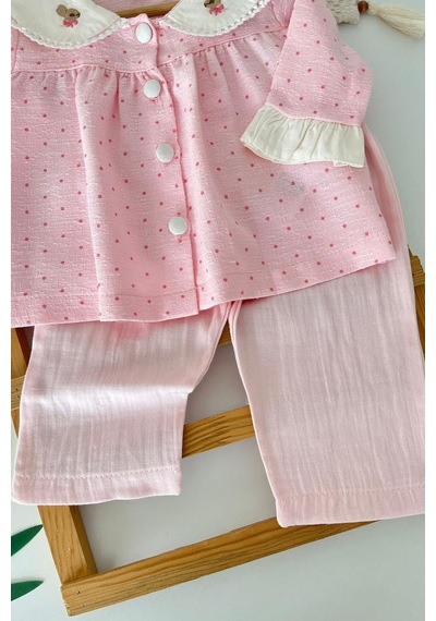 Minigimin Cicileri Yaka Tavşan Nakış Detaylı Puantiyeli Kız Bebek 2 Li Takım - Pembe