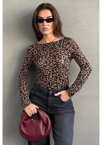 Seeh Leopar Kayık Yaka Uzun Kollu Body Sh322