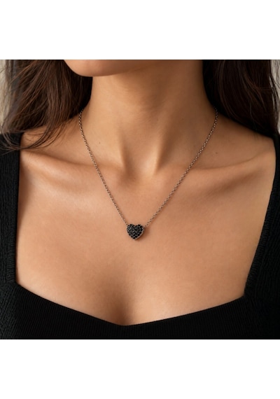 Servi 925 Ayar Gümüş Midnight Love Siyah Zirkon Taşlı Kalp Figürlü Kolye-541