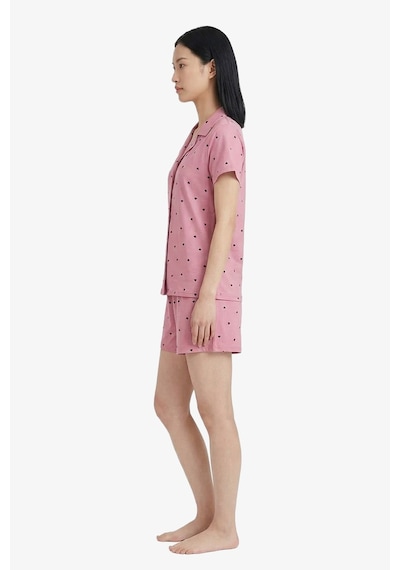 Cottonhill Pembe Kalp Desenli Yumuşak Dokulu Gömlek Yaka Kadın Şortlu Pijama Takımı Gül Pembe