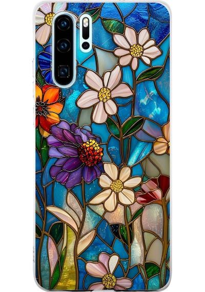 Printify Huawei P30 Pro İle Uyumlu Vitray Mavi Bahar Tasarımlı Şeffaf Silikon Kılıf Şeffaf