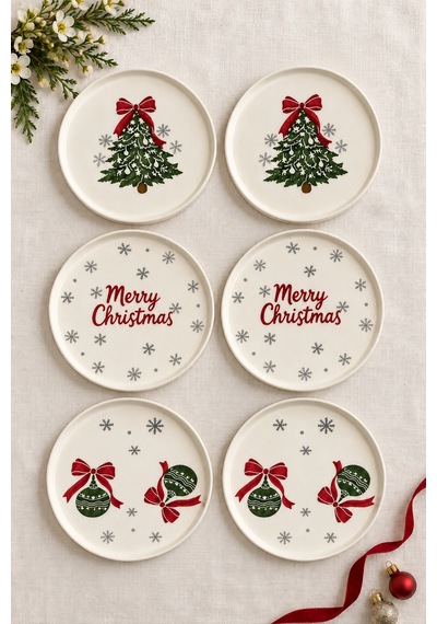 Merry Christmas 6 Lı 16 Cm Yılbaşı Desenli Seramik Pasta Ve Tatlı Tabağı Seti Beyaz