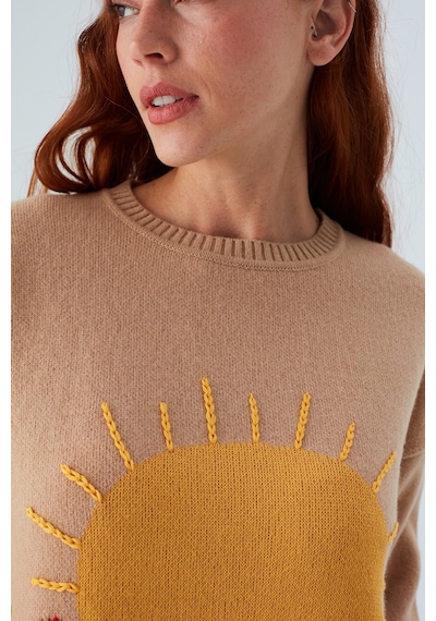 Peraluna Sunny Pullover El İşlemeli Desenli Kadın Triko Kazak Bej/kahve-çok Renkli Çok Renkli