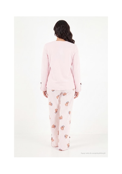Lela Ayıcık Desenli Lastikli Bel Uzun Kollu Yumuşak Dokulu Pijama Takımı Kadın Pijama Takımı 6575023 Pembe