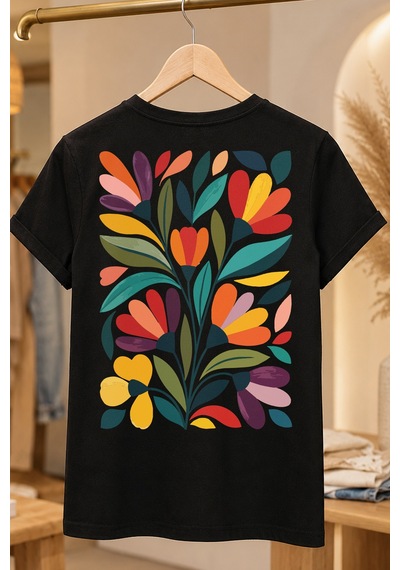 Spoyi Modern Flora Tasarımlı %100 Pamuk Yarım Oversize Siyah T-shirt