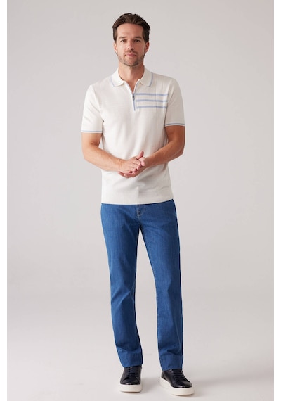 Erkek Kemik Slim Fit Hafif Çizgili Fermuarlı Polo Yaka Tişört