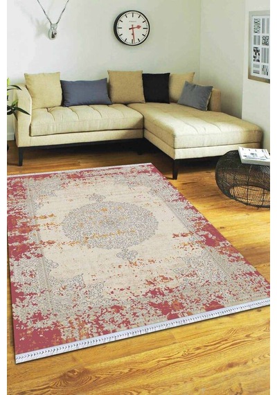 Pembe Klasik Göbekli Dokuma Pamuk Taban Kaymaz Kilim Klm057n11