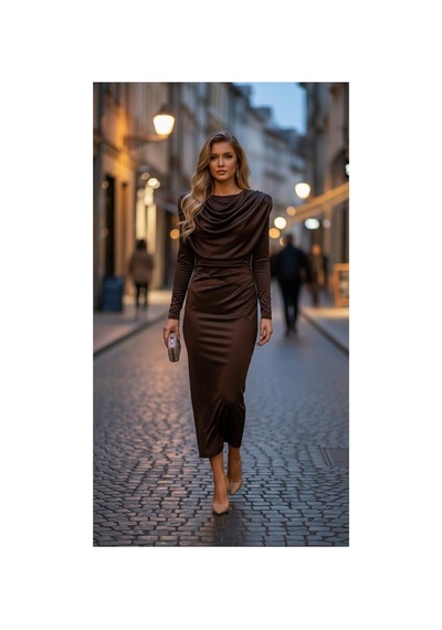 Zdnjeans Şal Yaka Drapeli Kahverengi Elbise