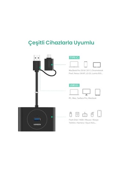 Ugreen Usb A/usb C To 4 Port Usb 3.0 Hub Çoklayıcı Siyah 1 Metre