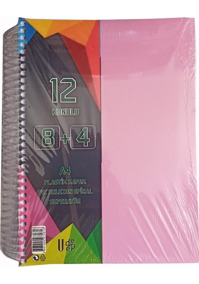 8+4 Ayraçlı Defter 12 Konulu 300 Yaprak 1 Adet 8 Kareli 4 Çizgili Spralli Plastik Kapak Seperatörlü Pembe