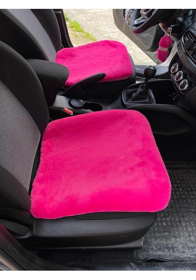 Yumuşak Tüylü Peluş Serme Oto Koltuk Koruyucu Minder Ön 2'li Fuşya Pembe