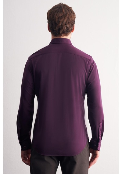 İmza Mor Düğmeli Yaka Örme Uzun Kol Performans Ürün Slim Fit Esnek Gömlek 1004255270 Mor