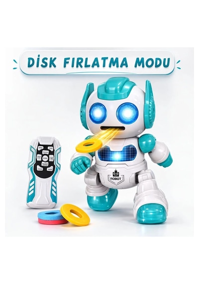 Uzaktan Kumandalı Disk Atan Sesli Işıklı Renkli Sevimli Robot Disk Fırlatan Robot Oyuncak Robot