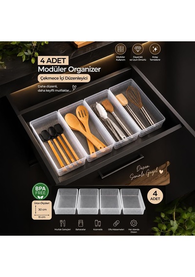 Tr 0383 4'lü Modüler Çekmece İçi Organizer Seti 30x15 Cm Şeffaf Mutfak, Kaşıklık, Kozmetik Ve Ofis Düzenle Genel